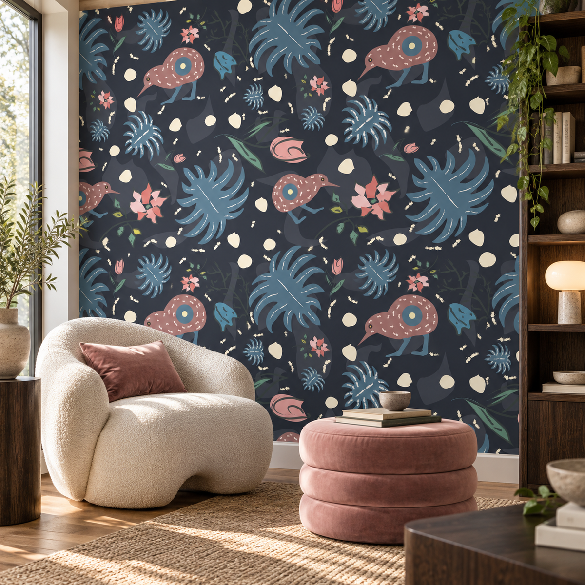 Midnight Whimsy peel and stick wallpaper styled on a feature wall
