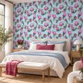 Sky Protea peel and stick wallpaper styled on a feature wall