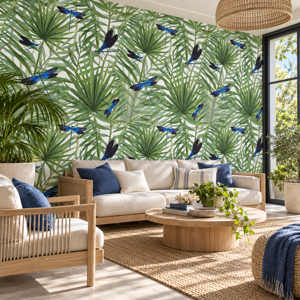 Tropical Dragonflies peel and stick wallpaper styled on a feature wall