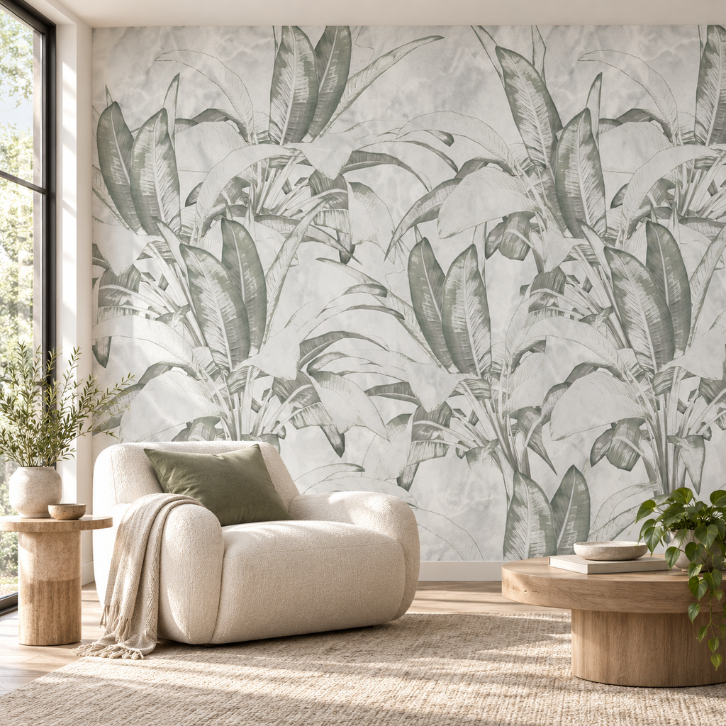 Botanical Calm, peel and stick wallpaper styled on a feature wall
