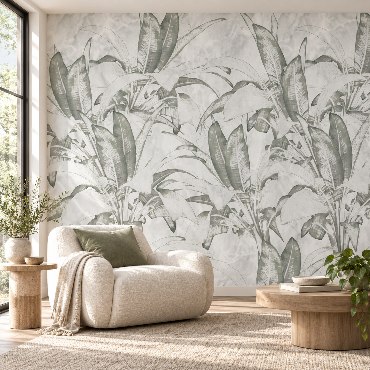 Botanical Calm, peel and stick wallpaper styled on a feature wall