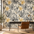 Botanical Foliage in Mustard by Cat Bellini, peel and stick wallpaper styled on a feature wall