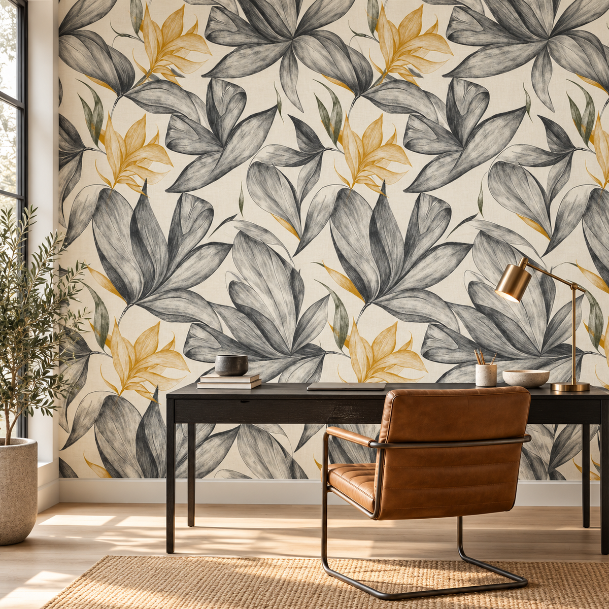 Botanical Foliage in Mustard by Cat Bellini, peel and stick wallpaper styled on a feature wall