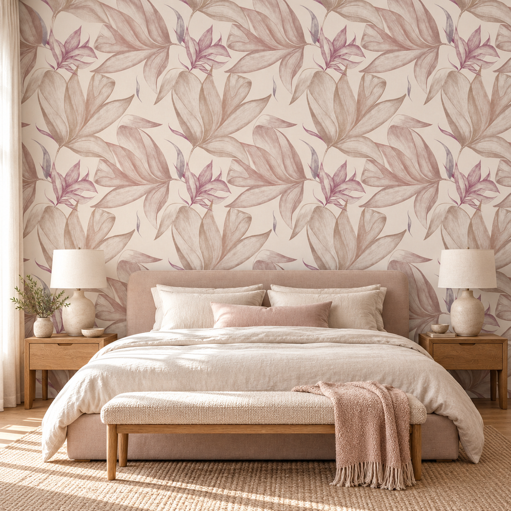 Botanical Foliage in Pale Cream by Cat Bellini, peel and stick wallpaper styled on a feature wall