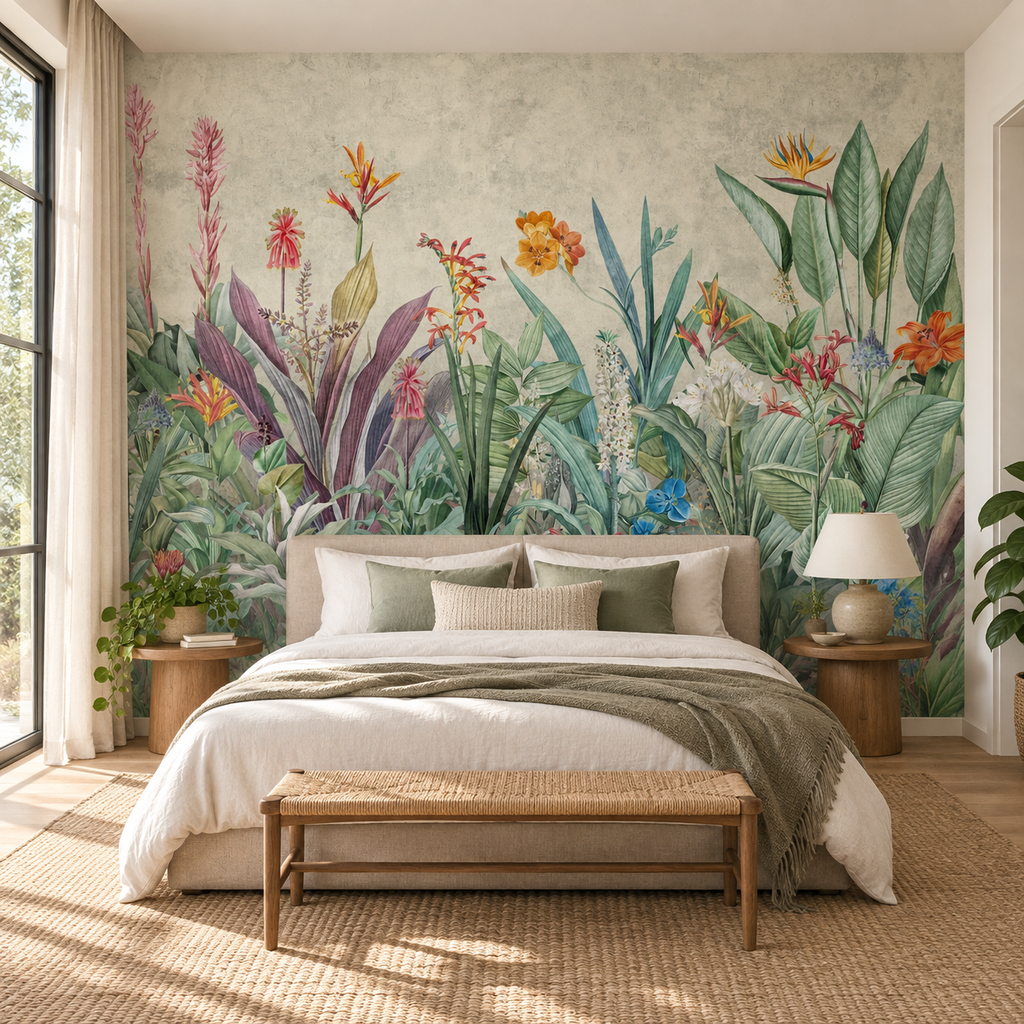 Botanical Garden, peel and stick wallpaper styled on a feature wall
