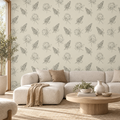 Botanical Sketch peel and stick wallpaper styled in a living room
