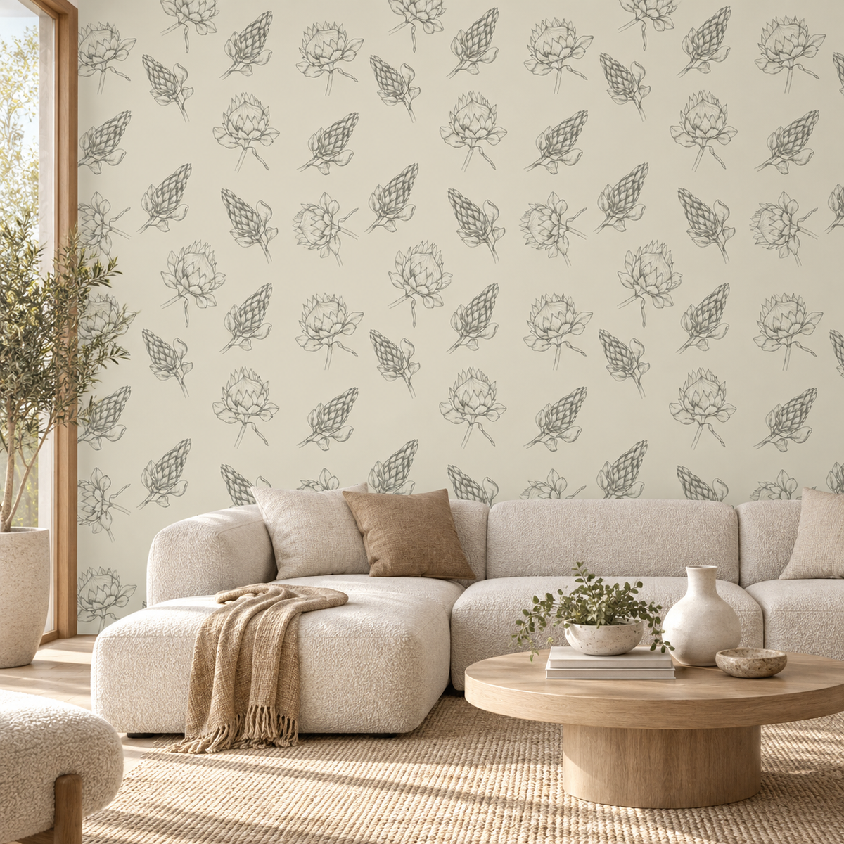 Botanical Sketch peel and stick wallpaper styled in a living room