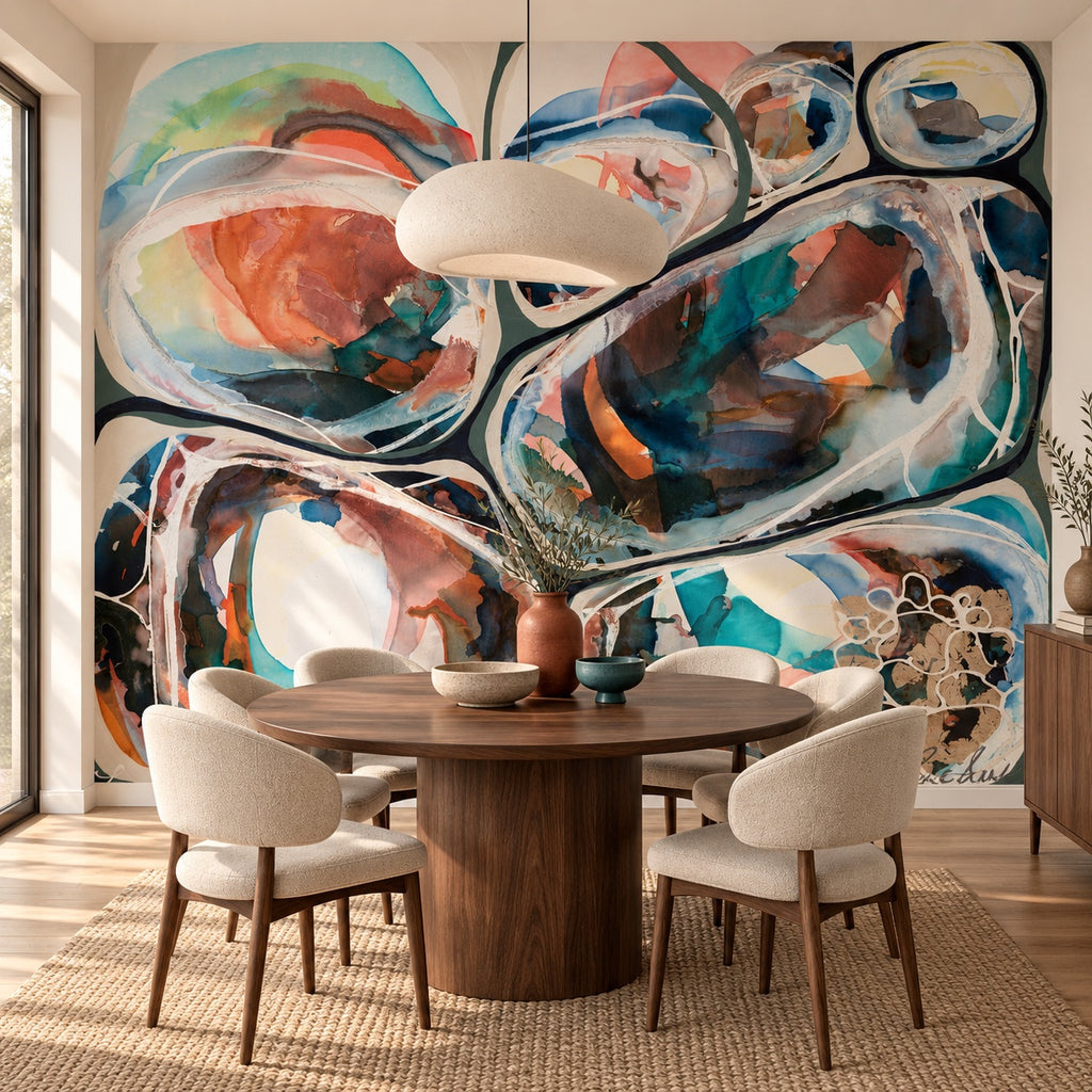 Boulder Azure mural by Lara Scolari, peel and stick wallpaper styled in a room