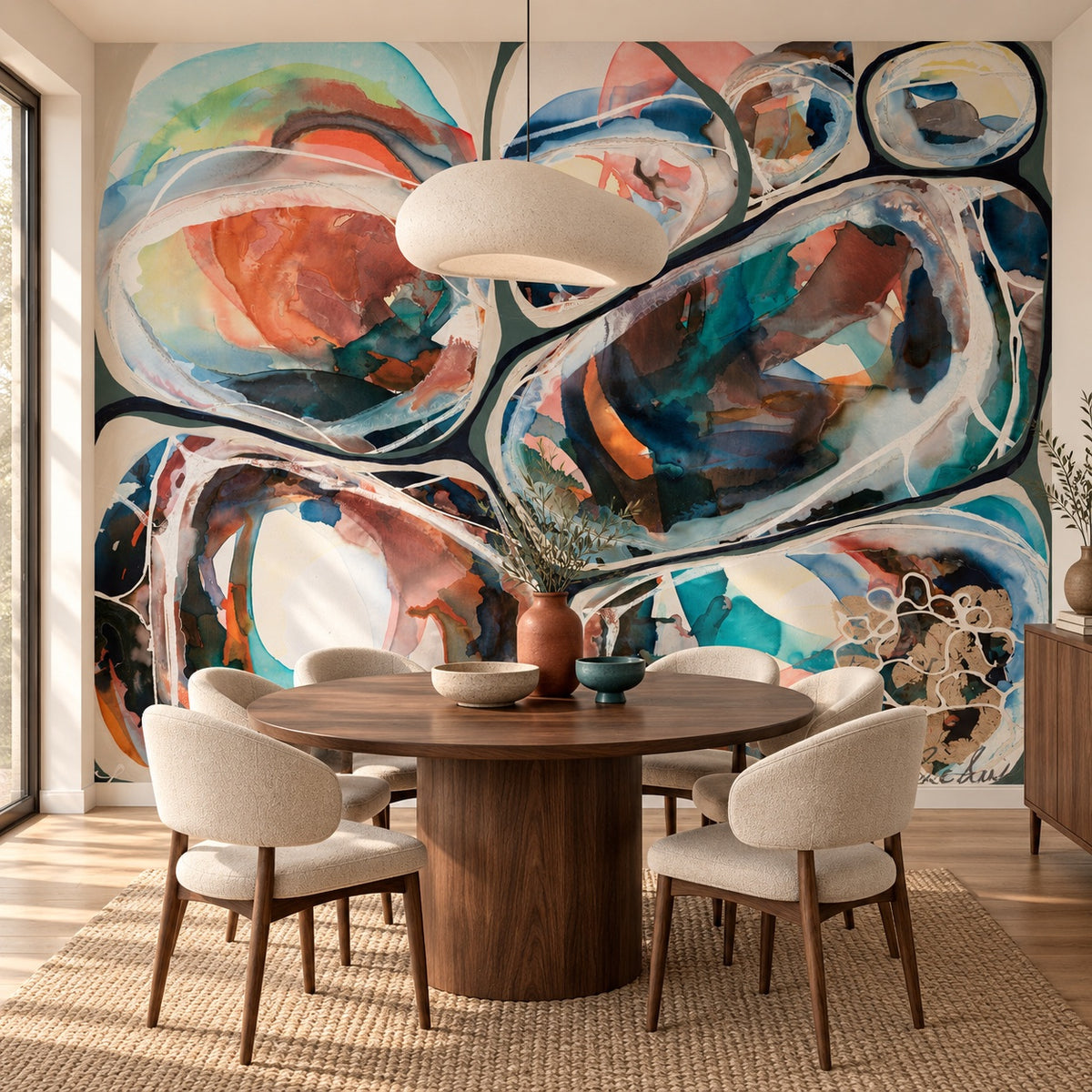 Boulder Azure mural by Lara Scolari, peel and stick wallpaper styled in a room