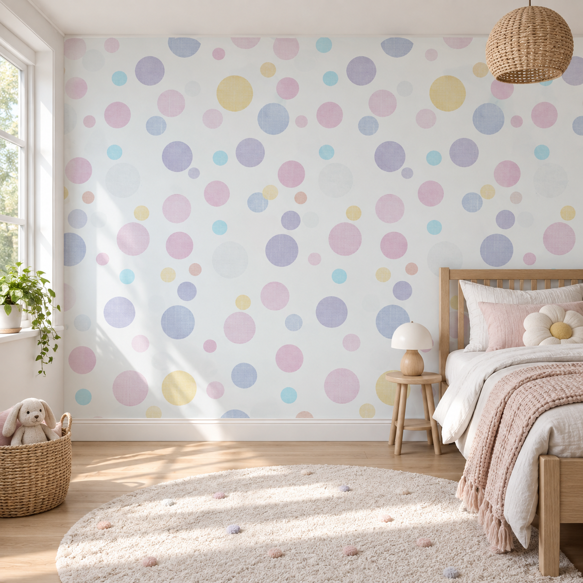 Bubble Pop, peel and stick wallpaper styled on a feature wall