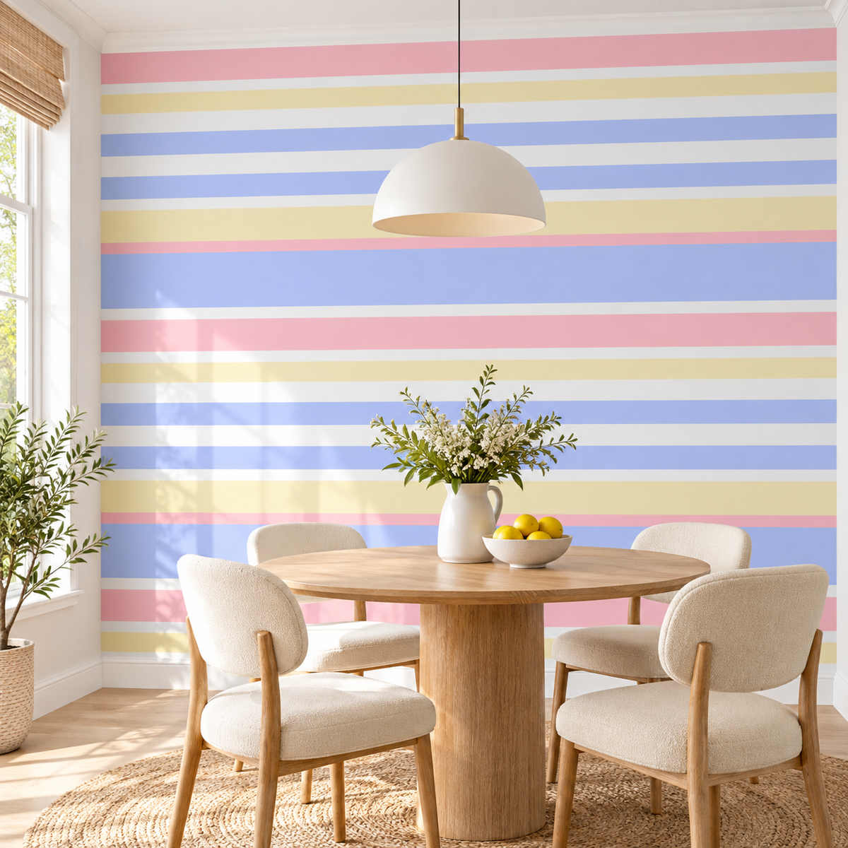 Candy Horizon, peel and stick wallpaper styled on a feature wall