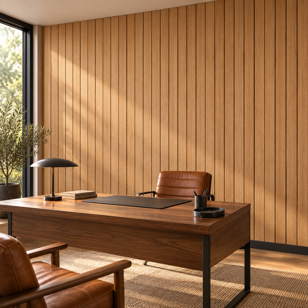 Cedar Panels, peel and stick wallpaper styled on a feature wall