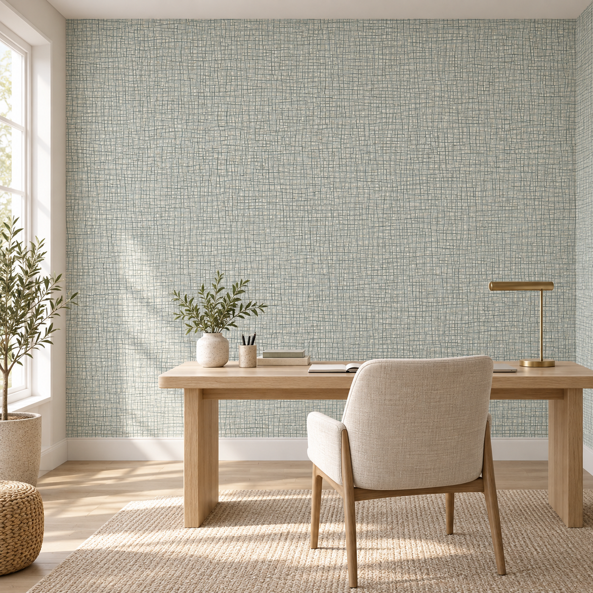 Celadon Linen, peel and stick wallpaper styled on a feature wall