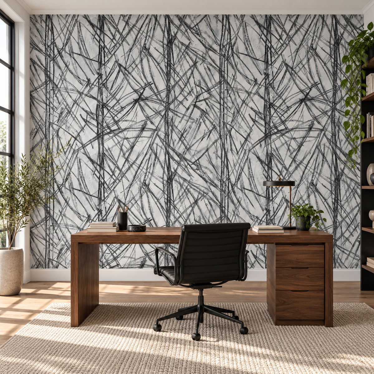 Charcoal Grass, peel and stick wallpaper styled on a feature wall