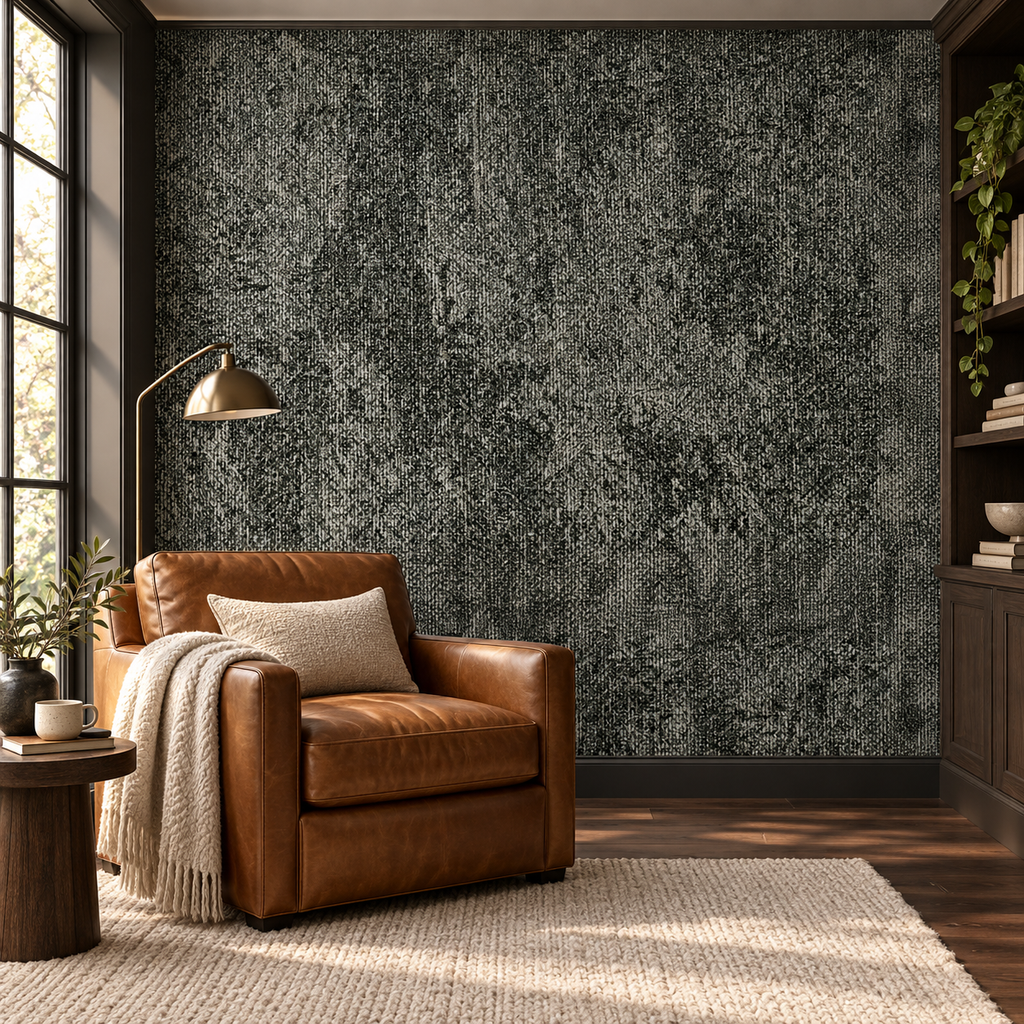 Charcoal Loom, peel and stick wallpaper styled on a feature wall