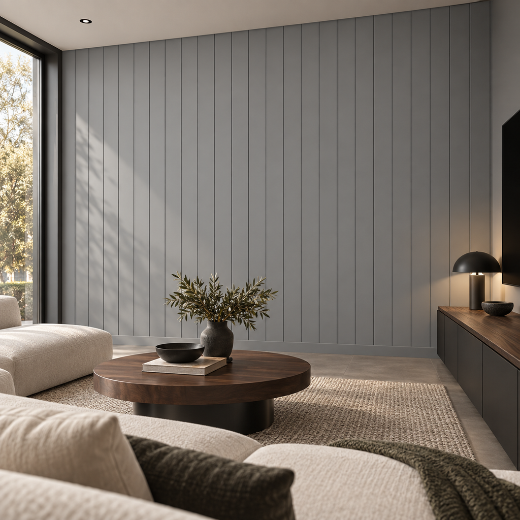 Charcoal Panels, peel and stick wallpaper styled on a feature wall