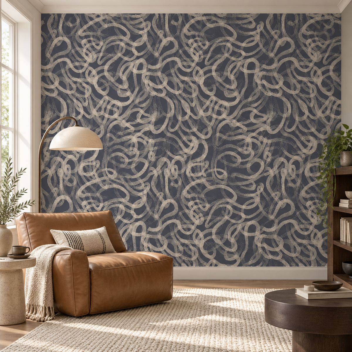 Charcoal Whorls, peel and stick wallpaper styled on a feature wall