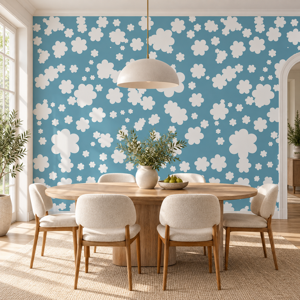 Cloud Confetti, peel and stick wallpaper styled on a feature wall