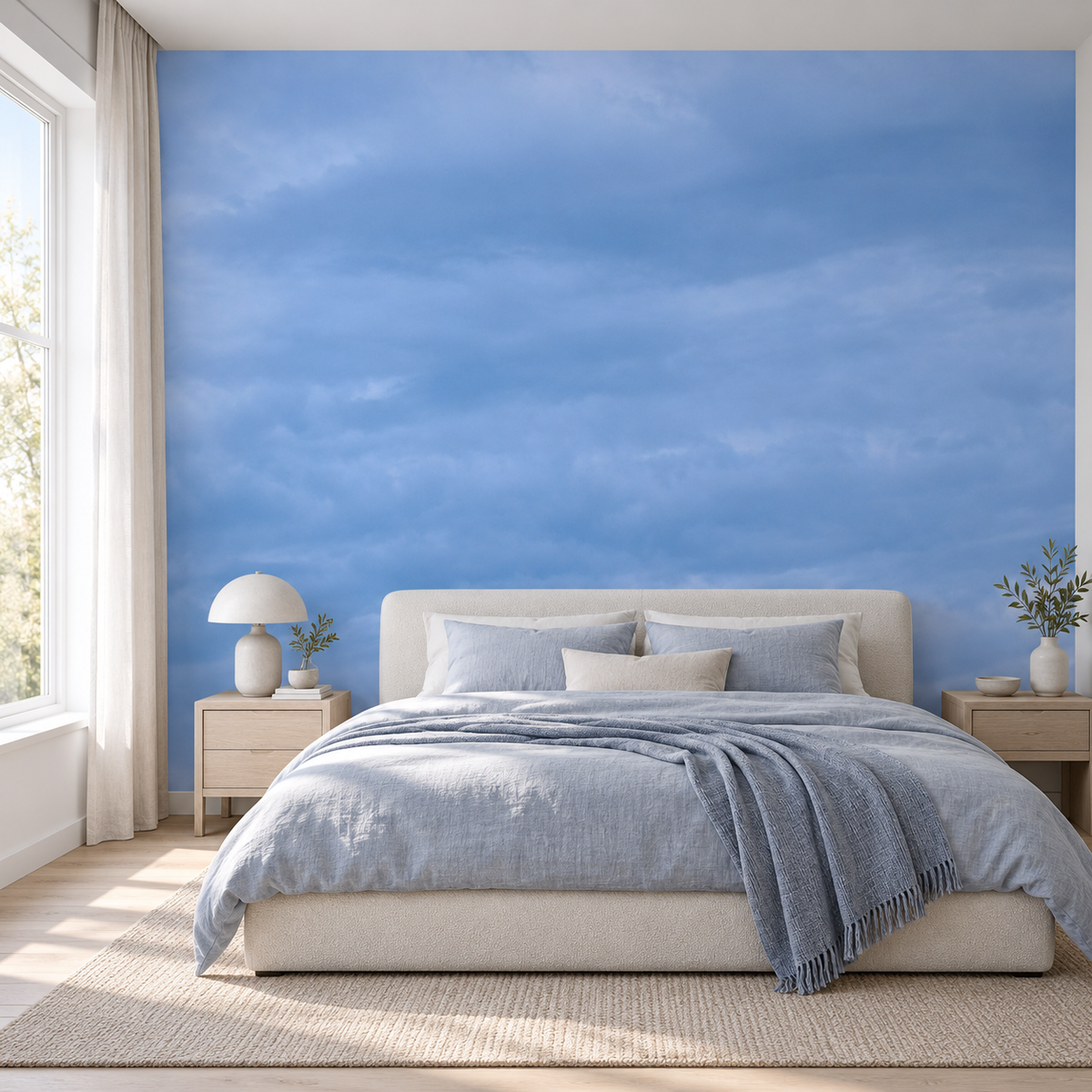 Misty Clouds, peel and stick wallpaper styled on a feature wall