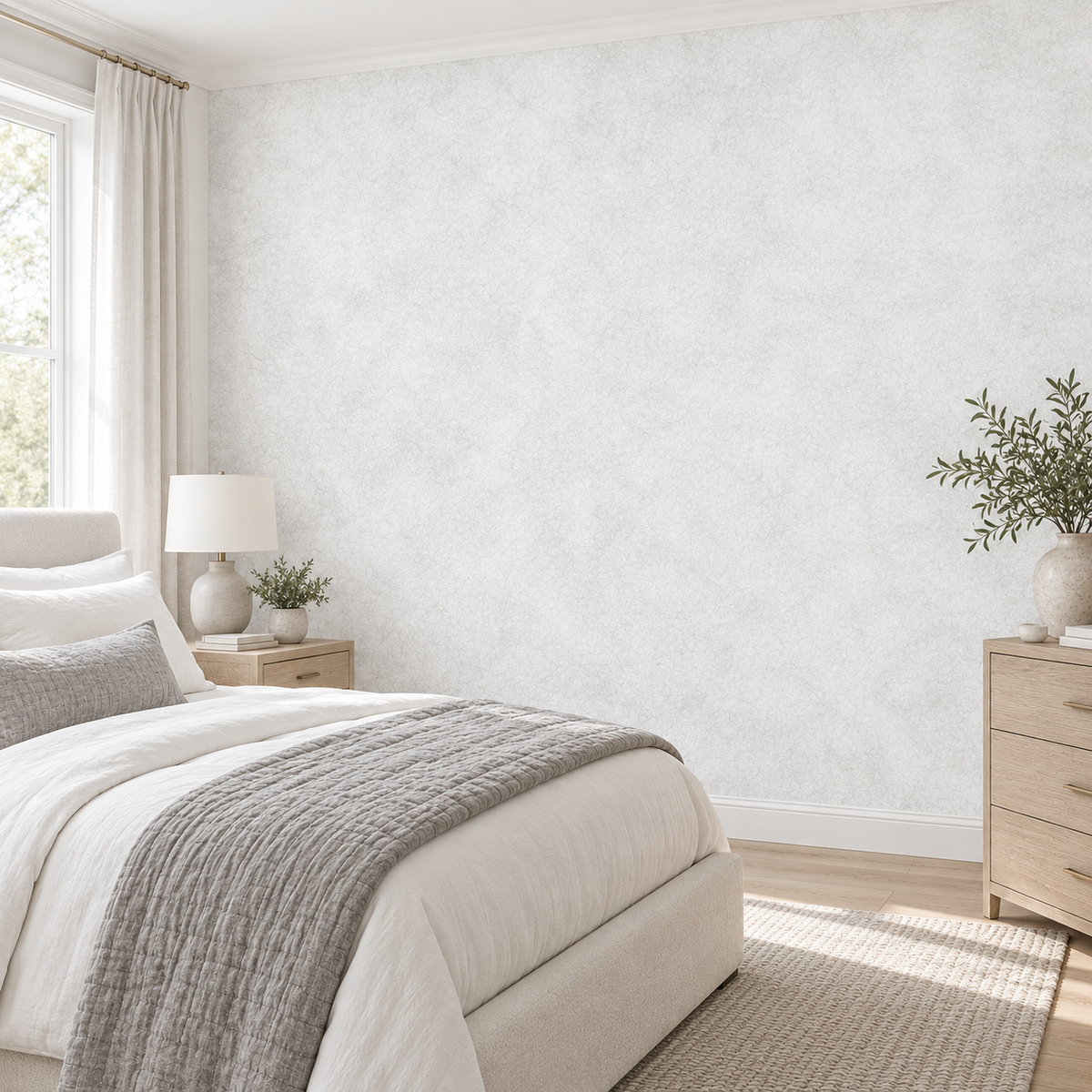 Cloud Linen, peel and stick wallpaper styled on a feature wall