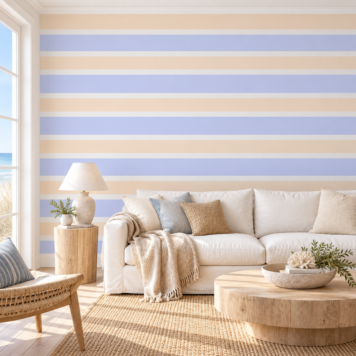Coastal Calm, peel and stick wallpaper styled on a feature wall