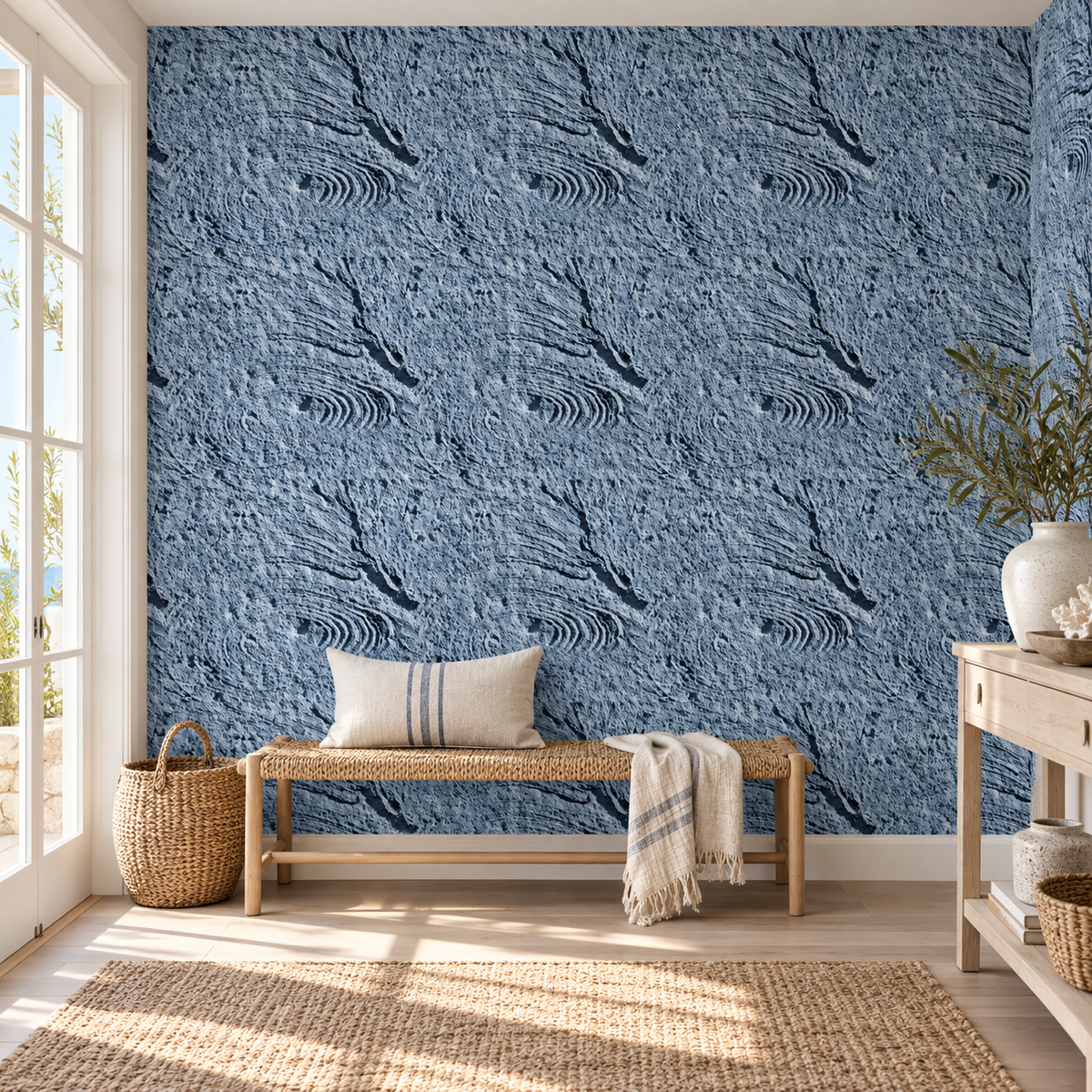 Coastal Fossil, peel and stick wallpaper styled on a feature wall
