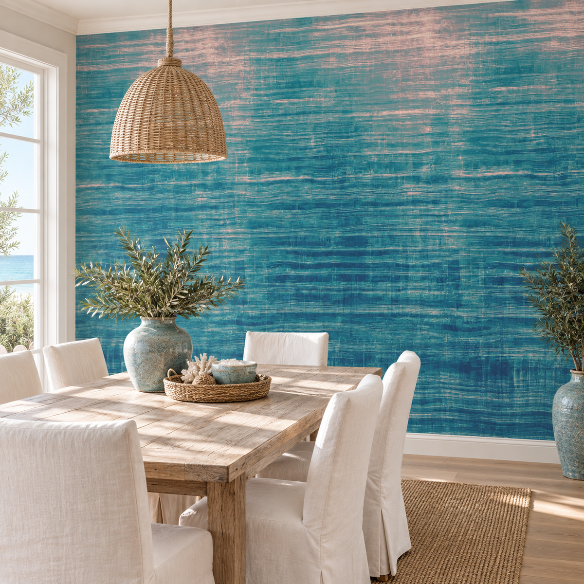 Coastal Grain, peel and stick wallpaper styled on a feature wall