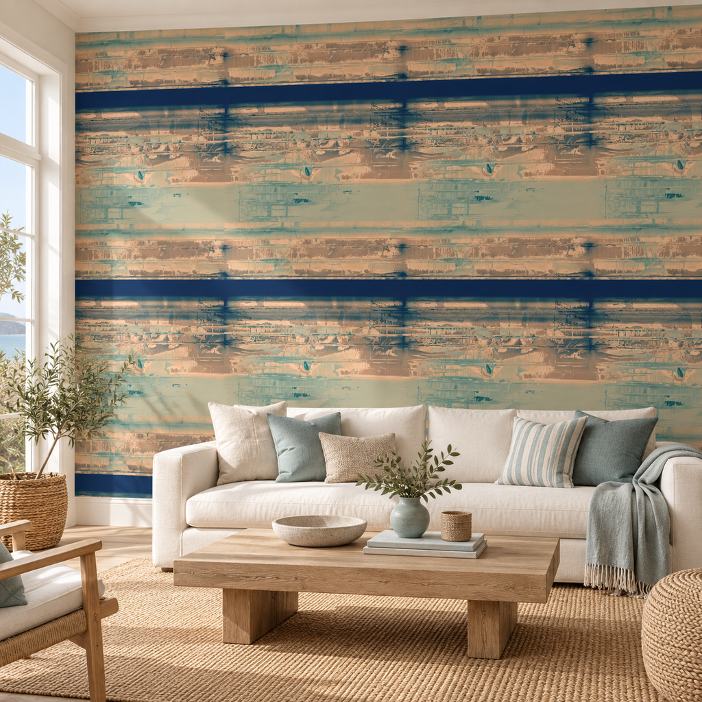 Coastal Layers, peel and stick wallpaper styled on a feature wall