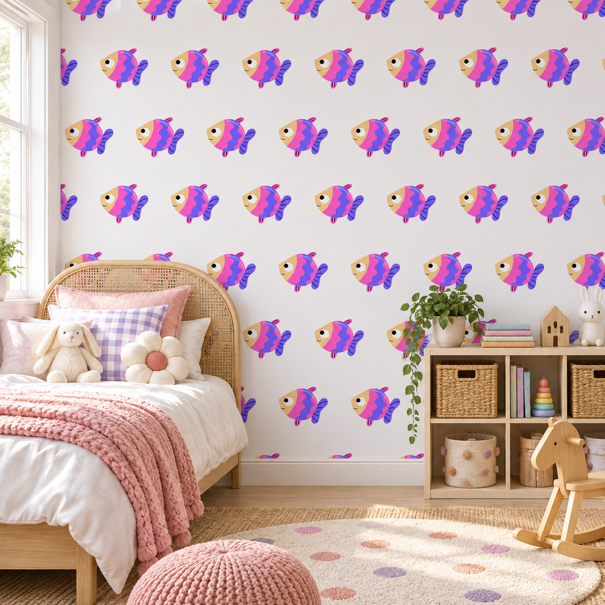 Candy Fish peel and stick wallpaper styled on a feature wall
