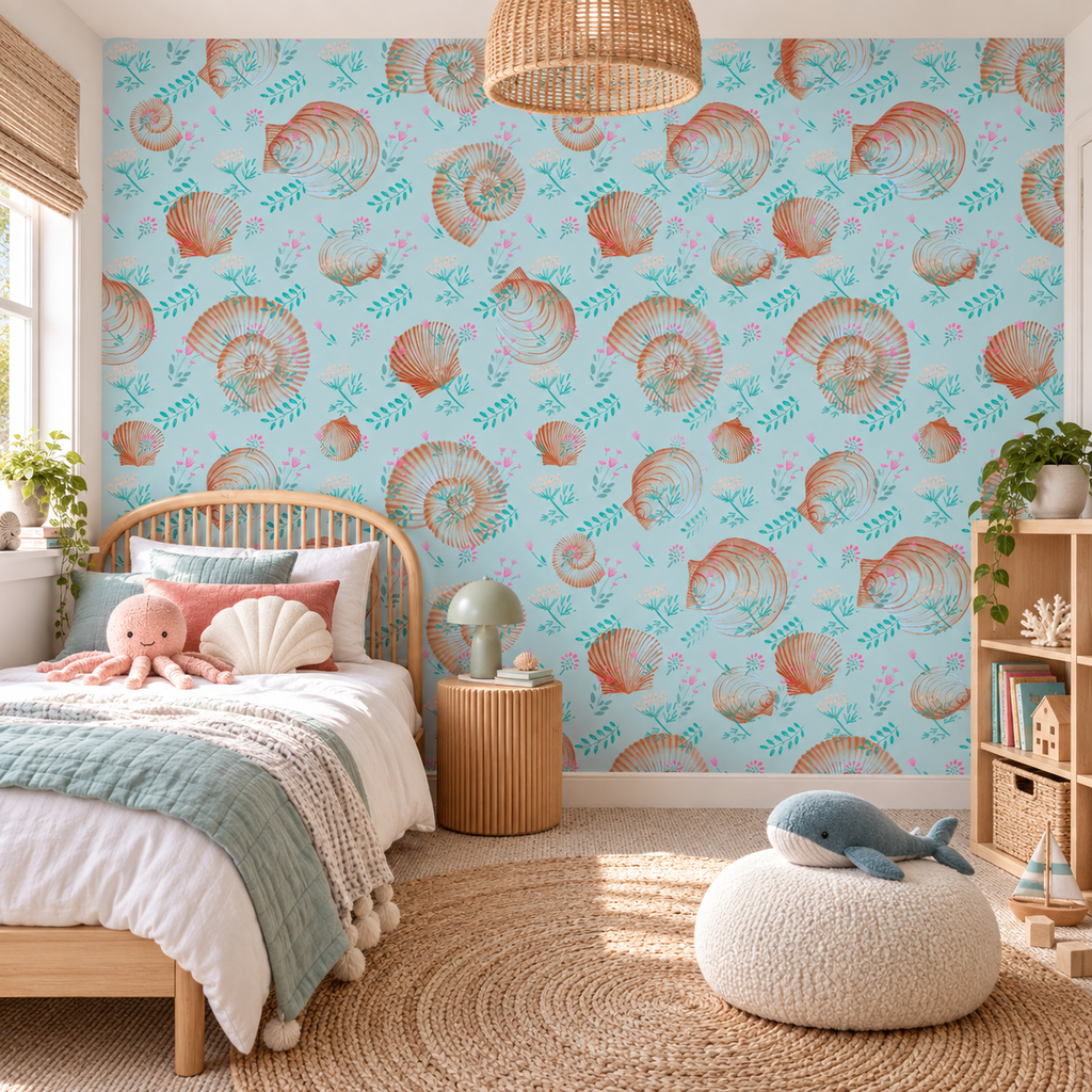 Coastal Garden peel and stick wallpaper styled on a feature wall