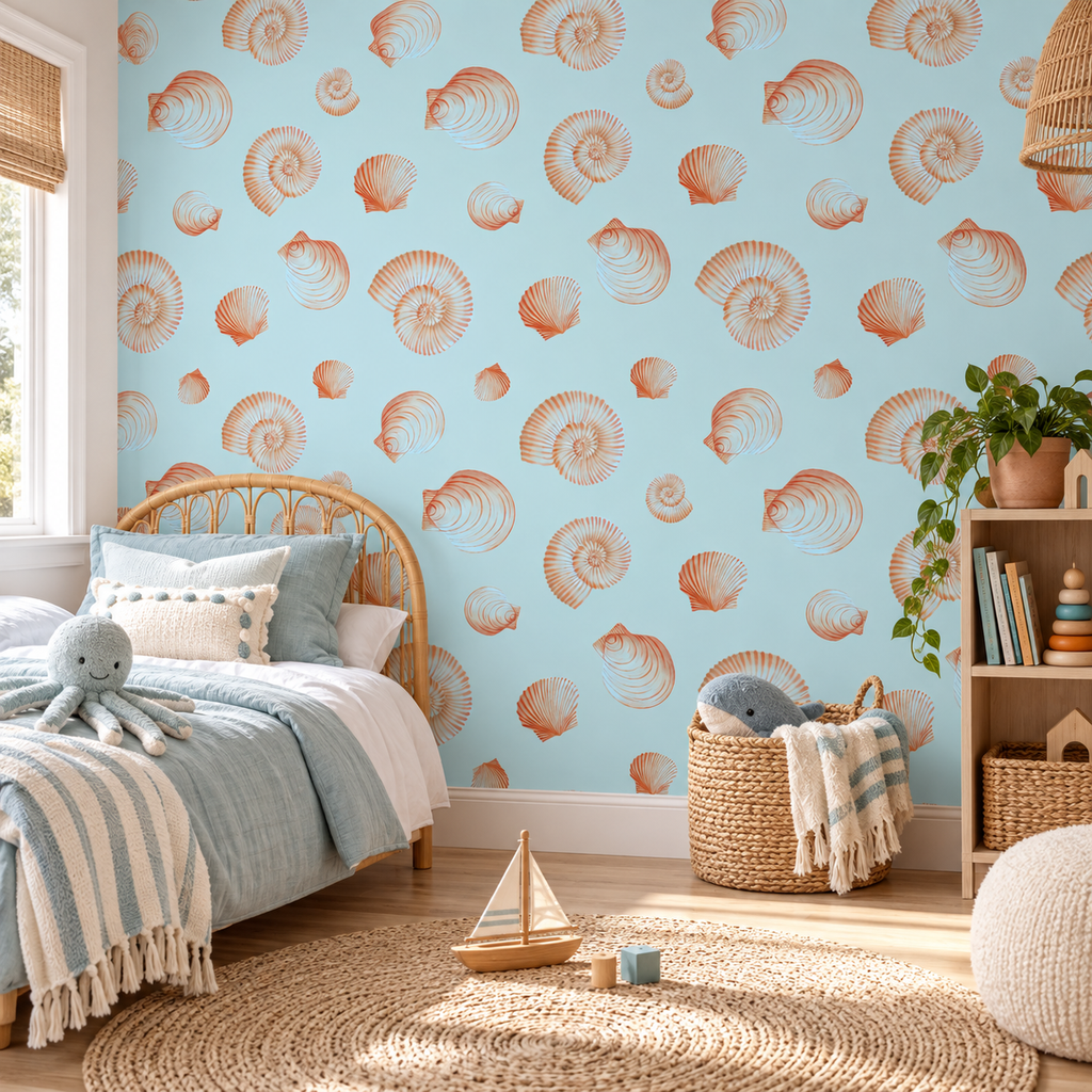 Coastal Shells peel and stick wallpaper styled on a feature wall