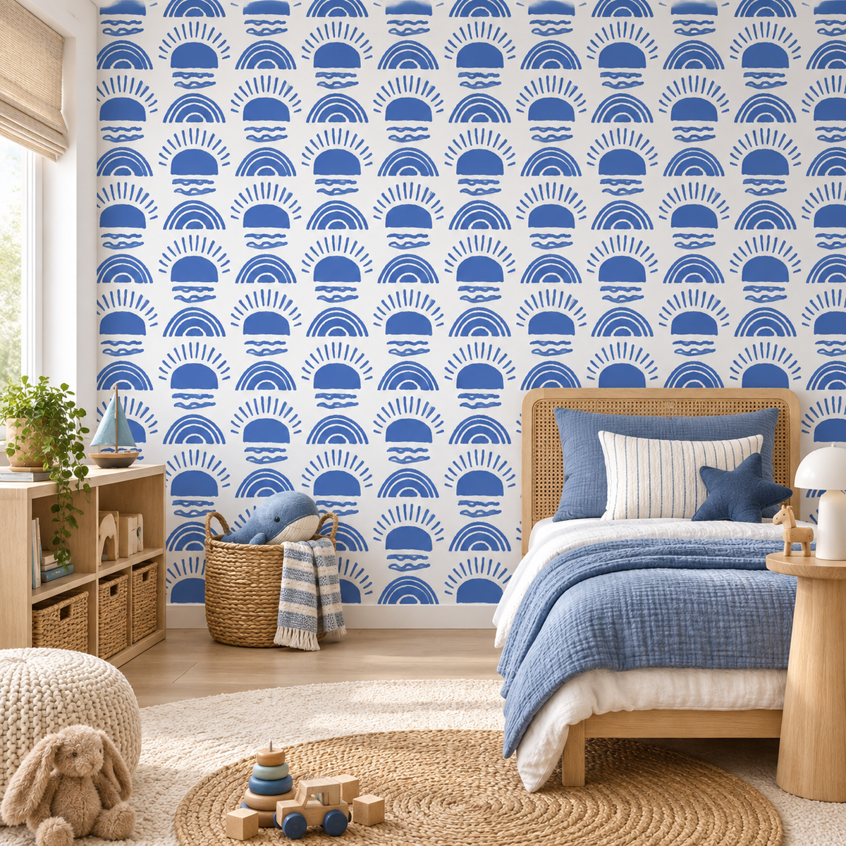 Sunrise Rainbow, peel and stick wallpaper styled on a feature wall