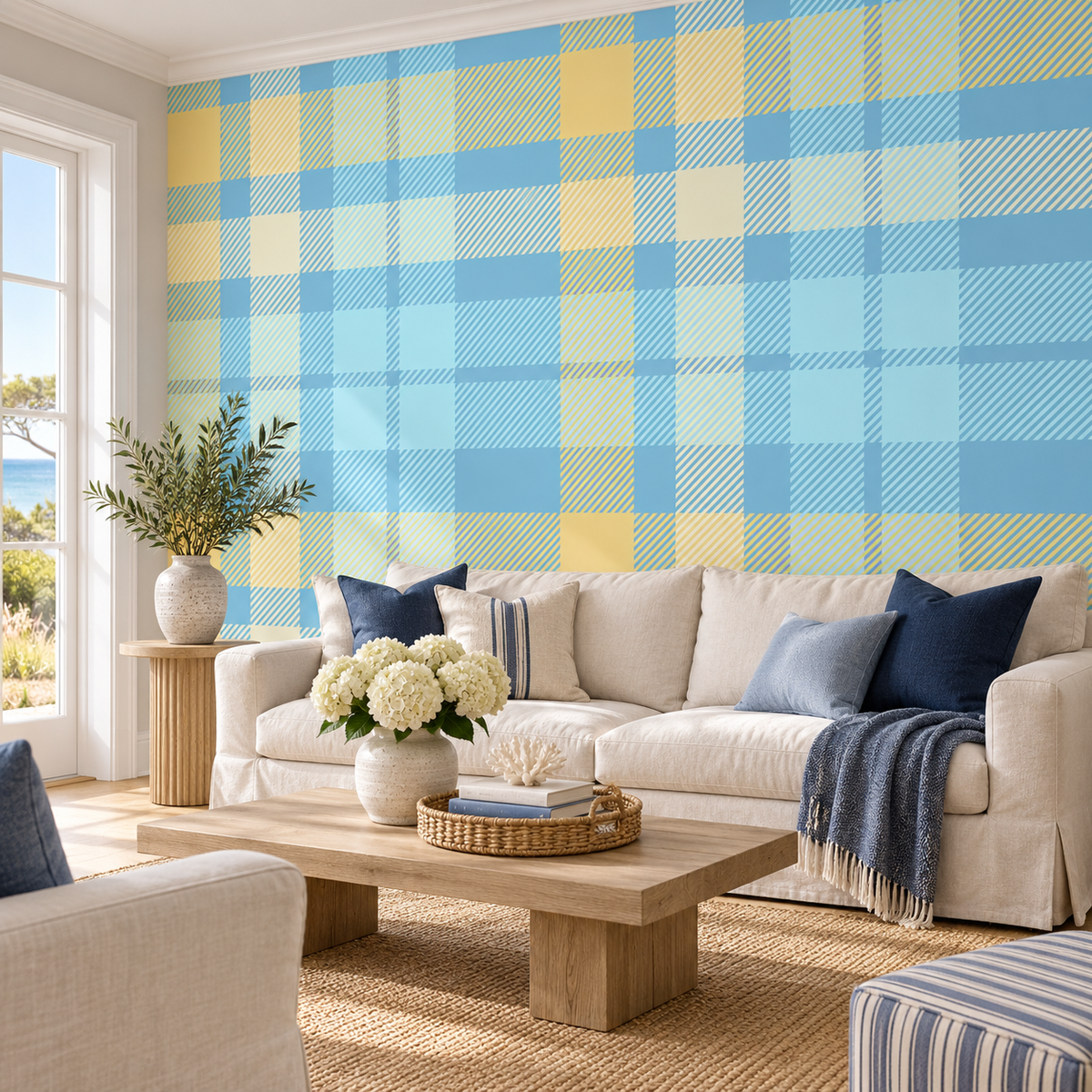 Coastal Patchwork, peel and stick wallpaper styled on a feature wall