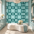 Aqua Medallion peel and stick wallpaper styled on a feature wall