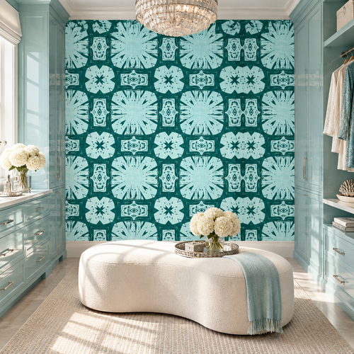 Aqua Medallion peel and stick wallpaper styled on a feature wall