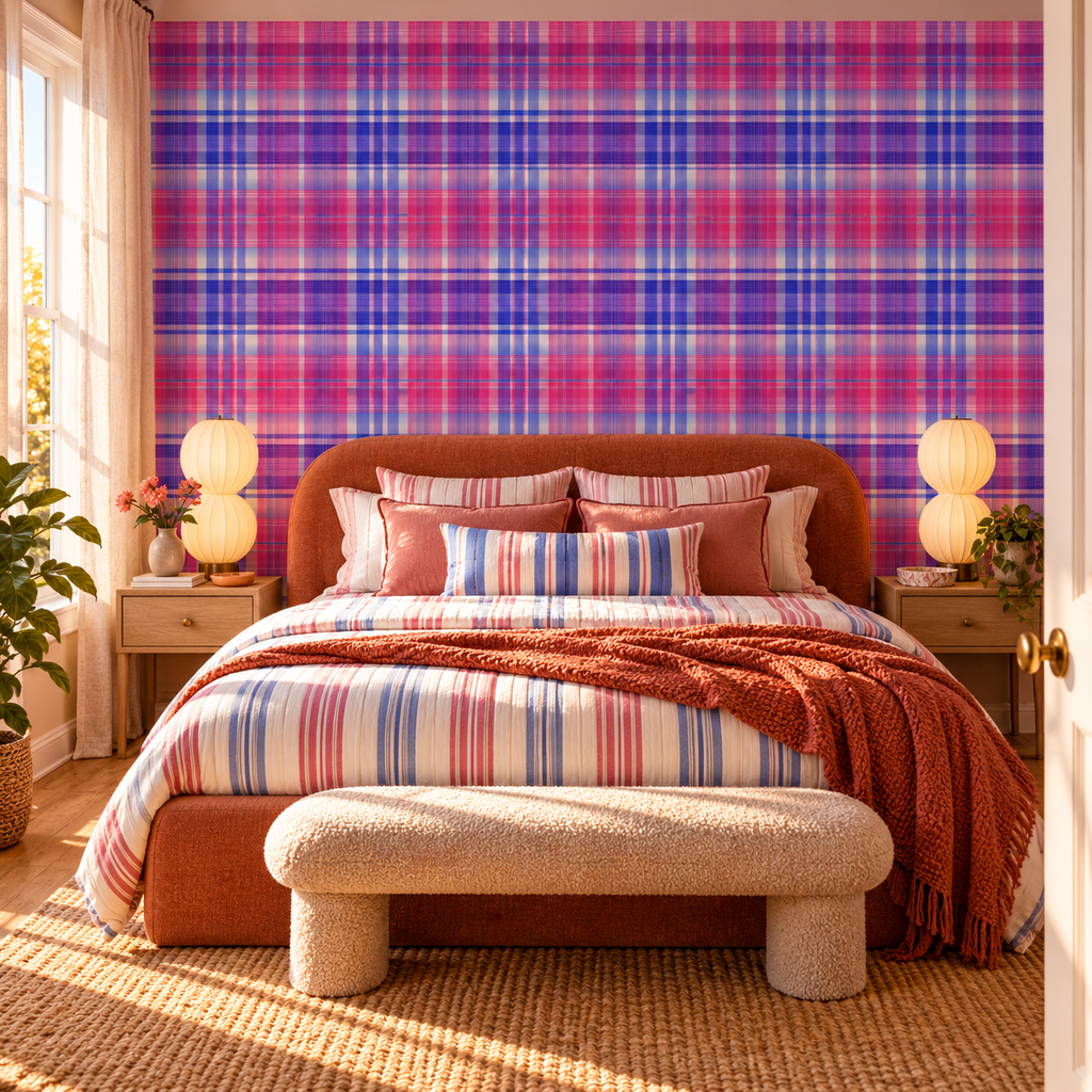 Blush Tartan peel and stick wallpaper styled on a feature wall