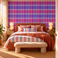 Blush Tartan peel and stick wallpaper styled on a feature wall