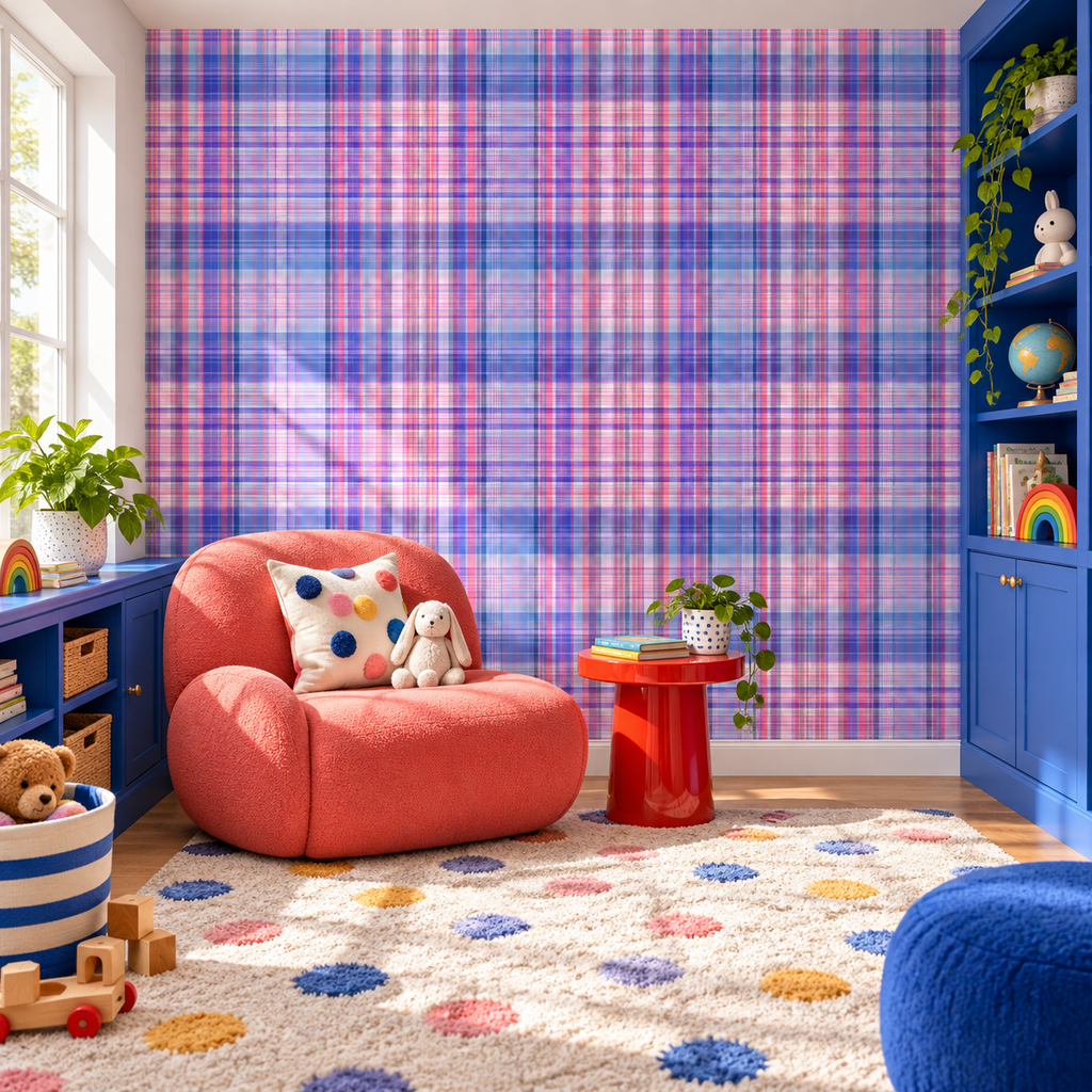 Candy Tartan peel and stick wallpaper styled on a feature wall