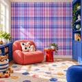 Candy Tartan peel and stick wallpaper styled on a feature wall