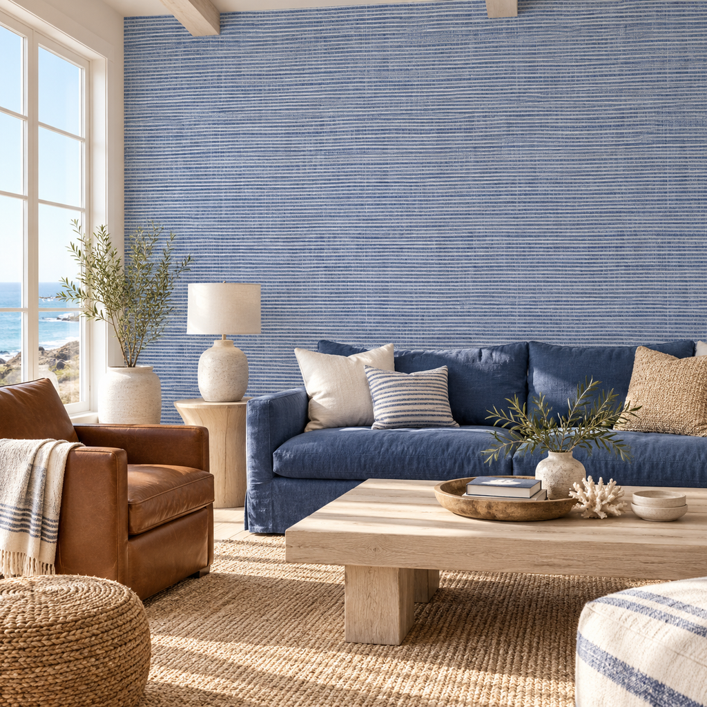 Chambray Linen peel and stick wallpaper styled on a feature wall