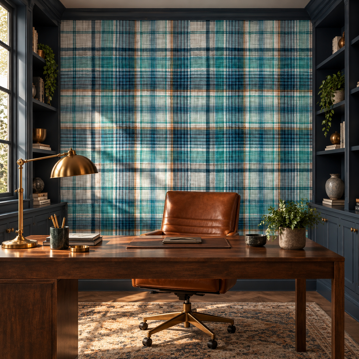 Coastal Plaid peel and stick wallpaper styled on a feature wall
