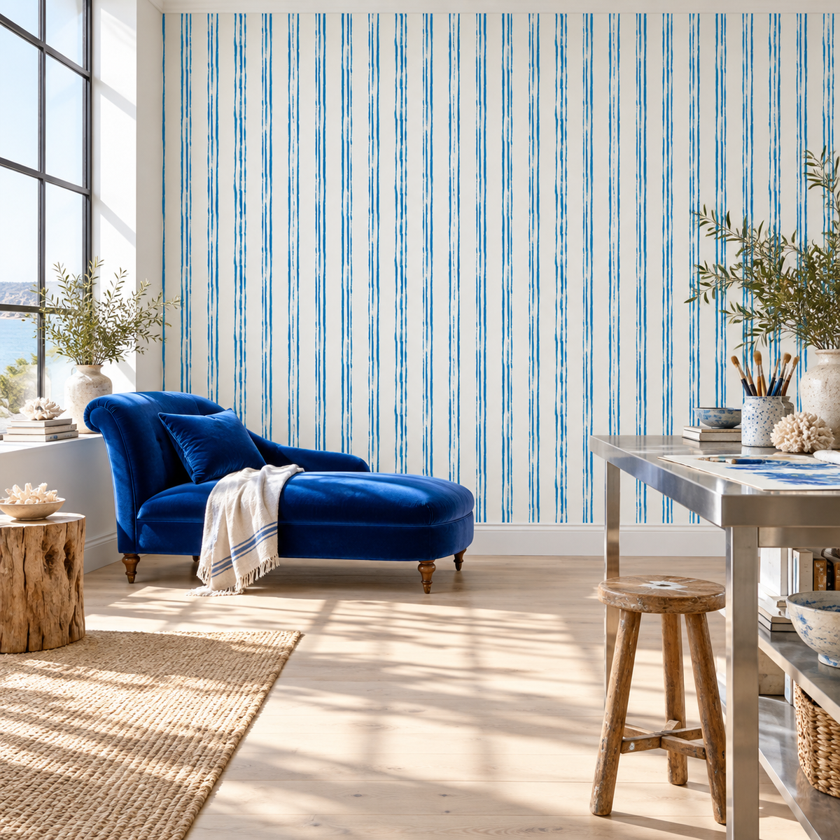 Coastal Strokes peel and stick wallpaper styled on a feature wall