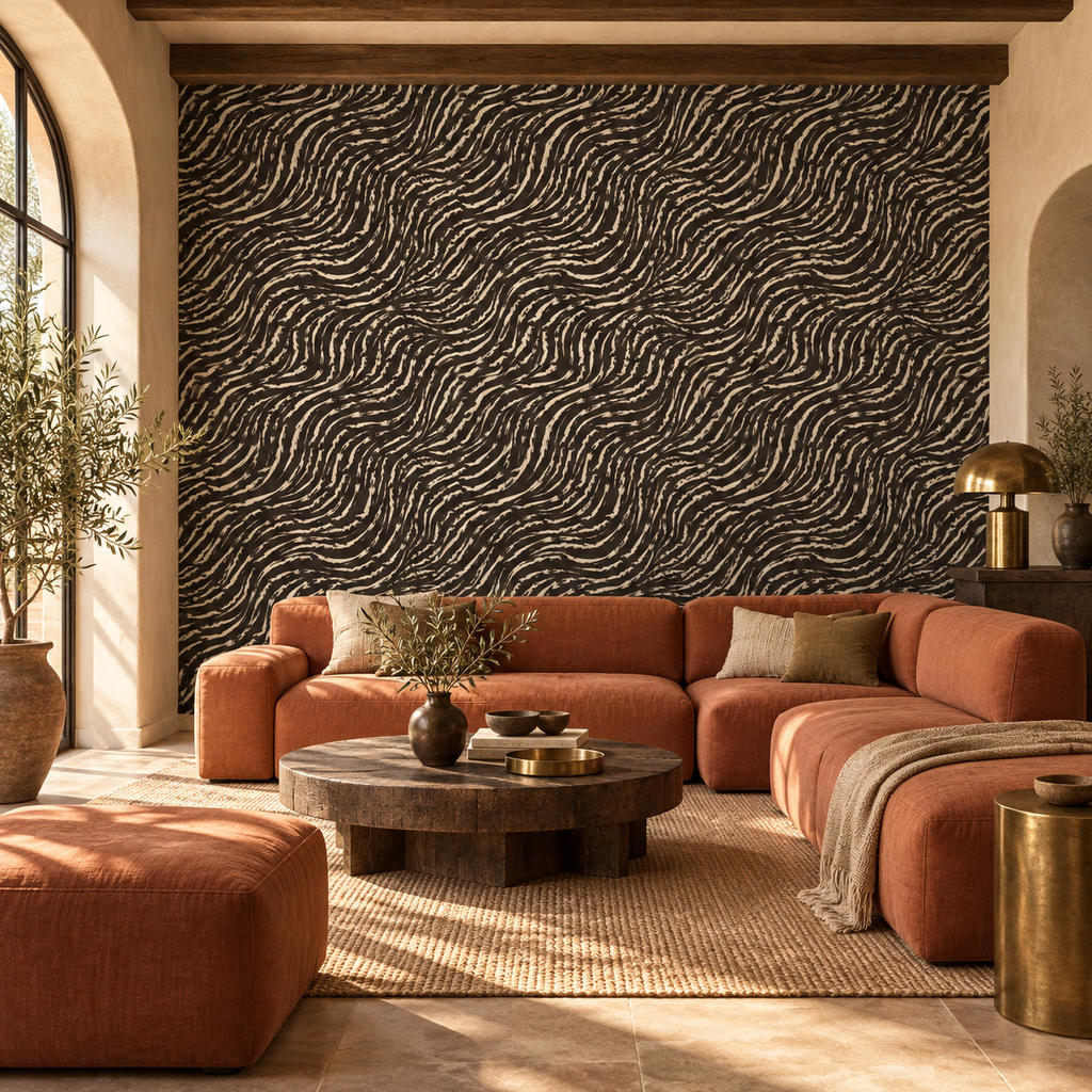Earthen Currents peel and stick wallpaper styled on a feature wall