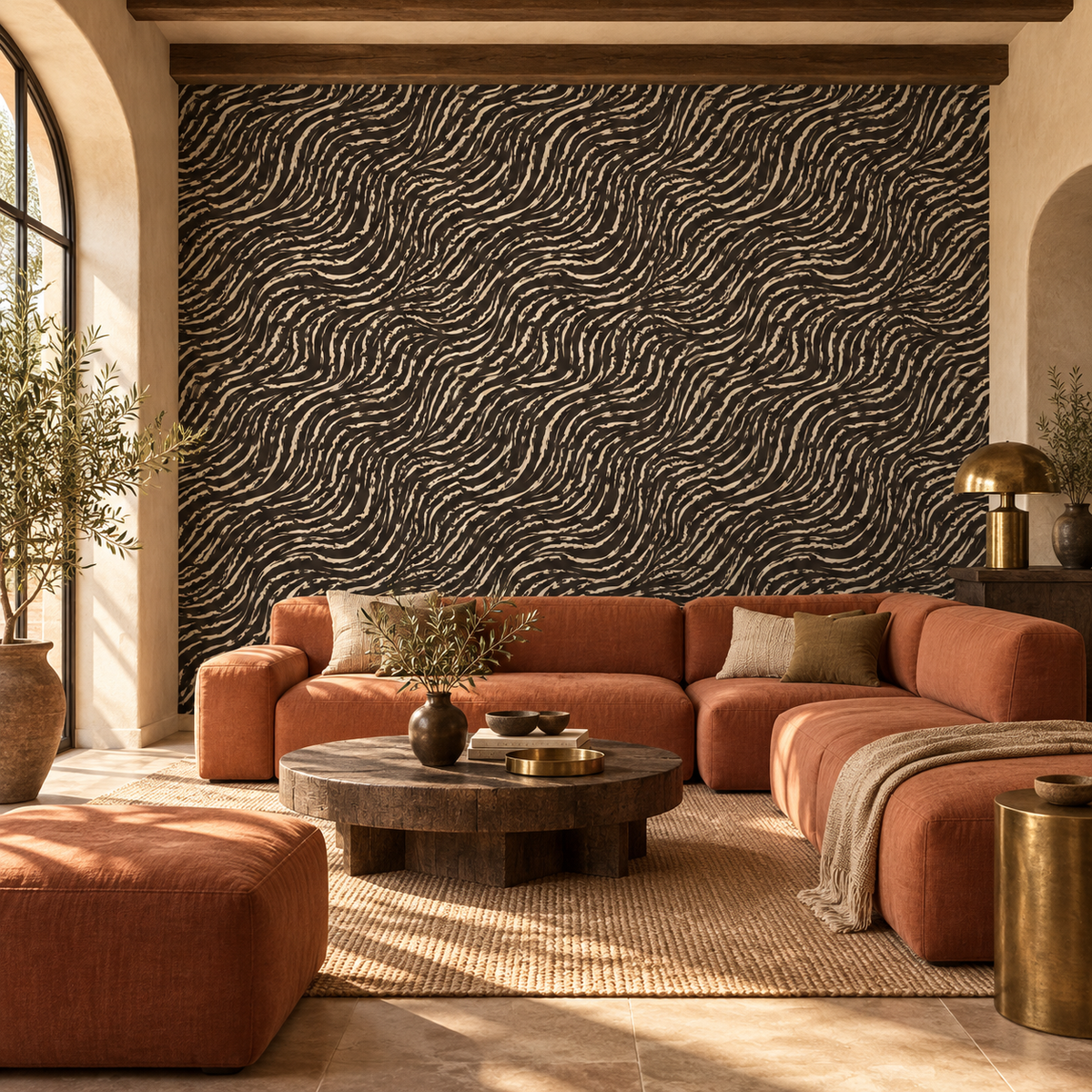 Earthen Currents peel and stick wallpaper styled on a feature wall