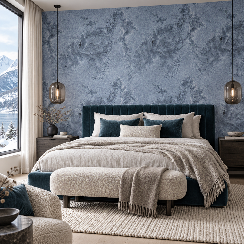 Frost Crystal peel and stick wallpaper styled on a feature wall