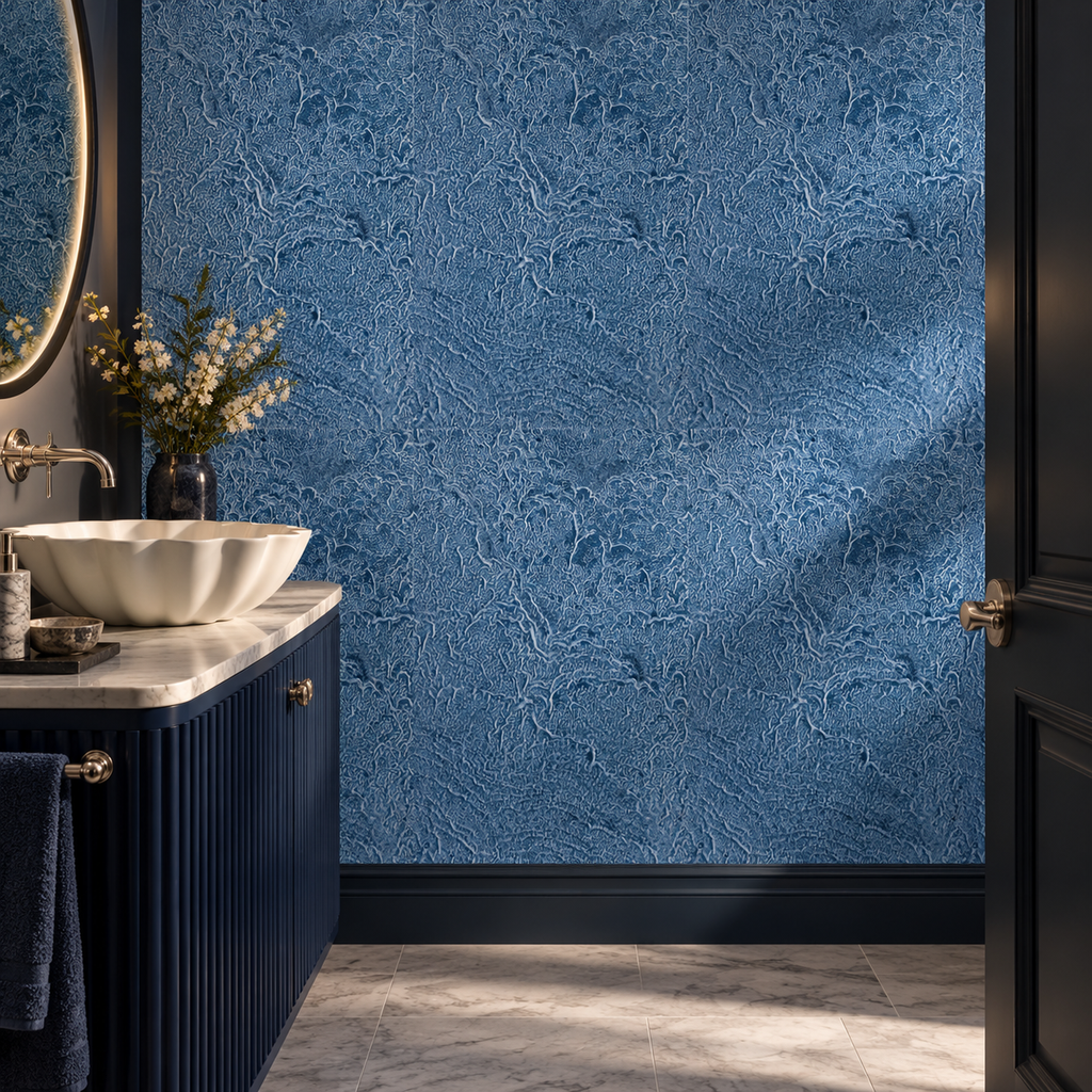 Frosted Blue peel and stick wallpaper styled on a feature wall