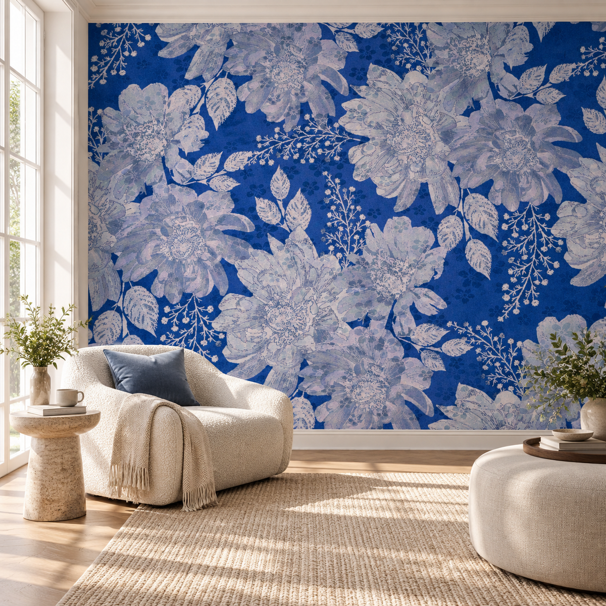 Cobalt Bloom, peel and stick wallpaper styled on a feature wall