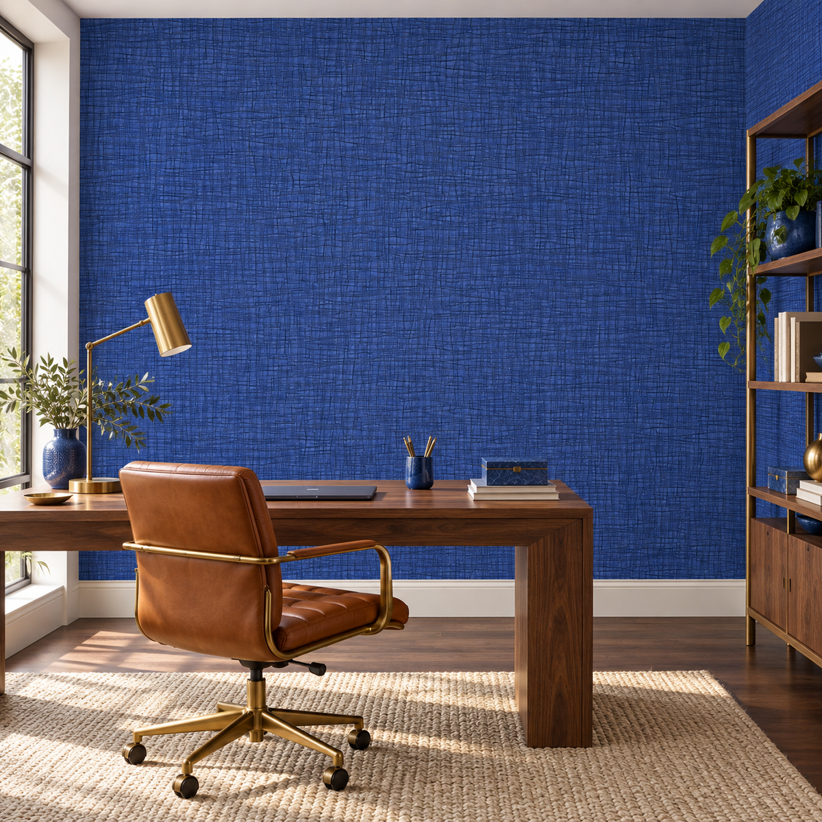 Cobalt Linen, peel and stick wallpaper styled on a feature wall