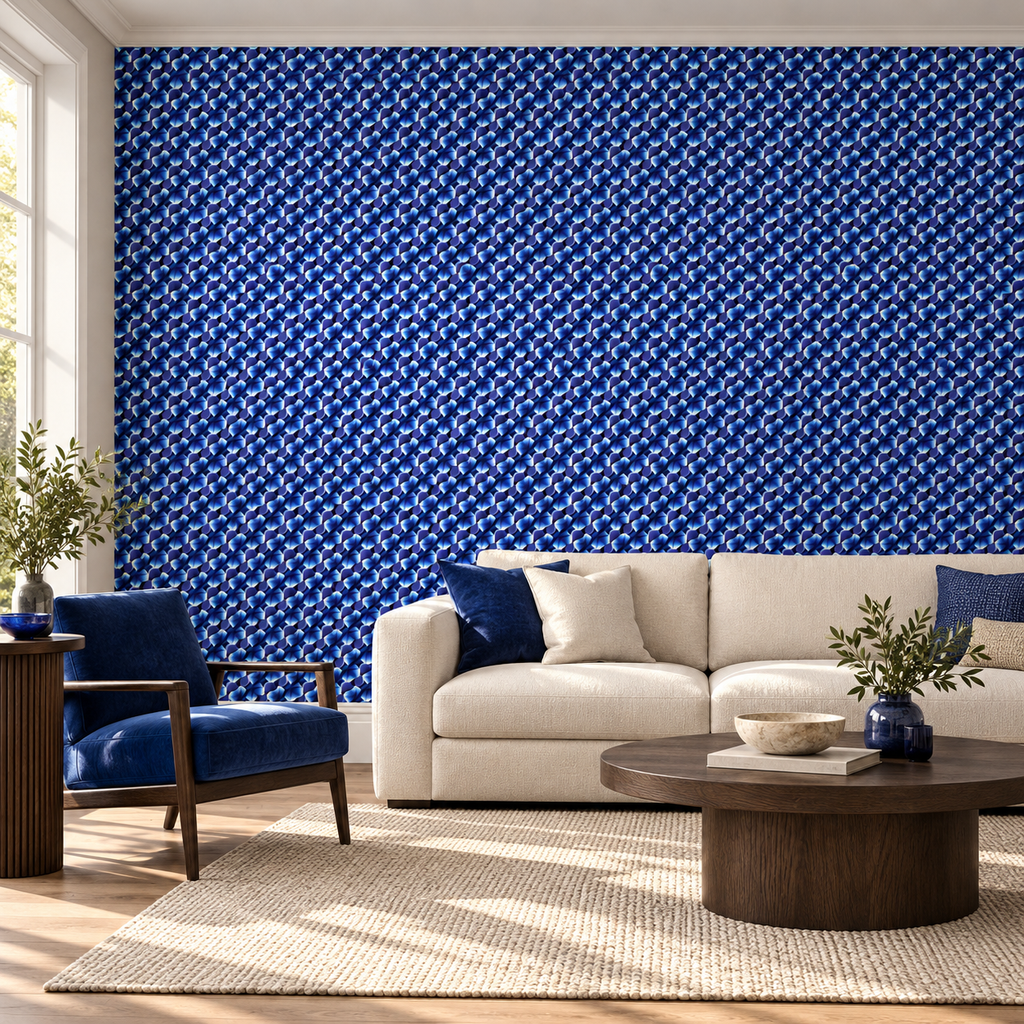 Cobalt Petals, peel and stick wallpaper styled on a feature wall
