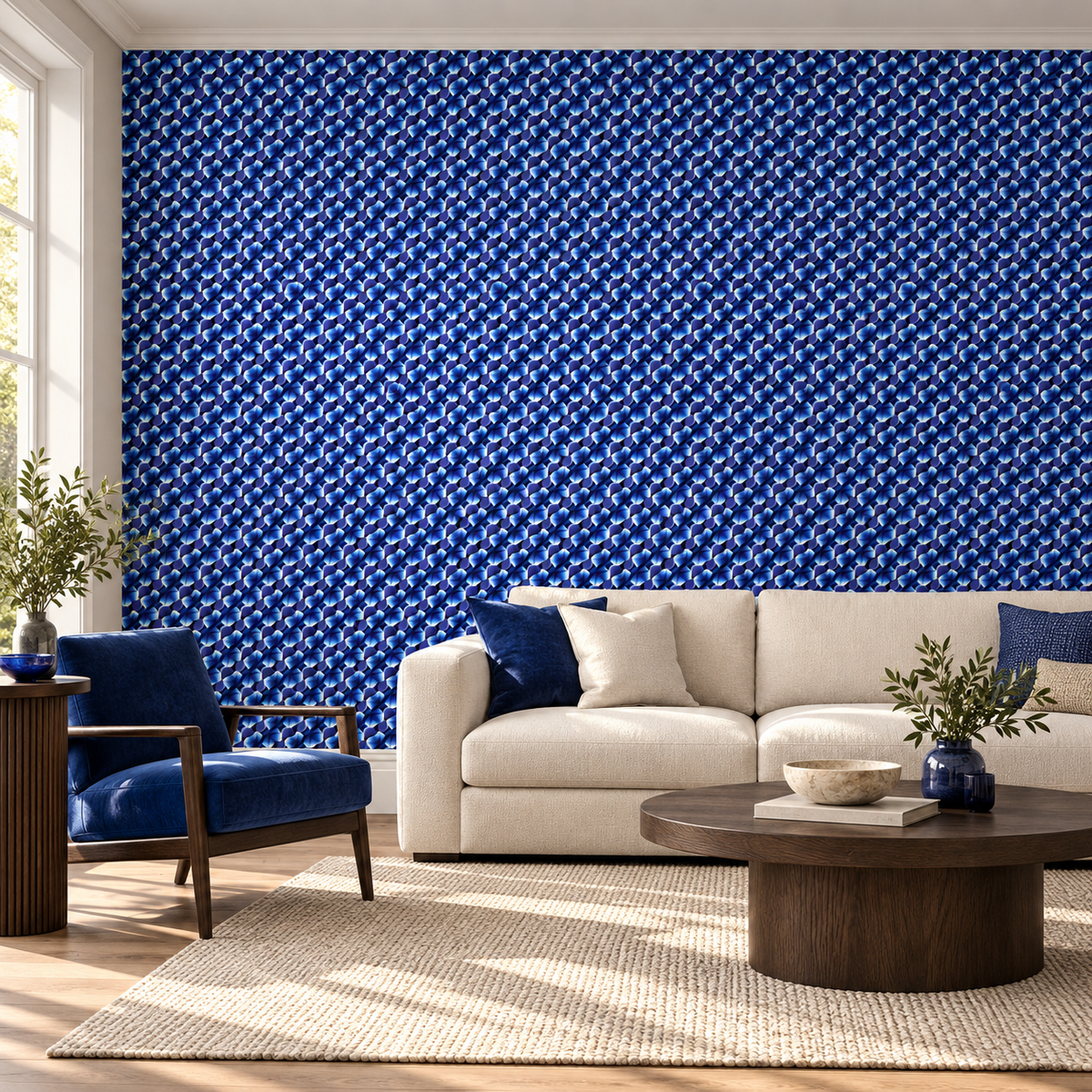 Cobalt Petals, peel and stick wallpaper styled on a feature wall